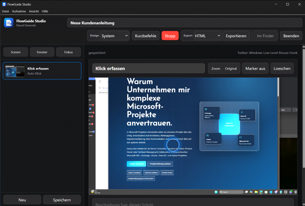 Flow Guide Studio Oberfläche mit Screenshot-Aufnahme und Dokumentationseditor