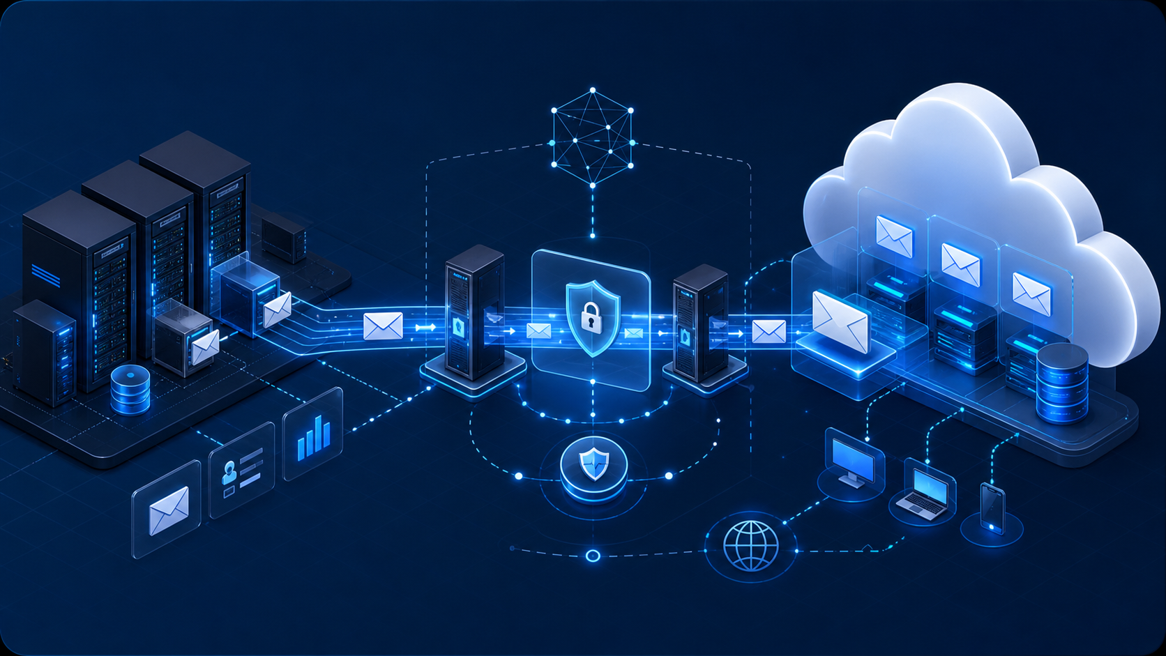 Technische Illustration von Exchange On-Premises über Hybrid zu Exchange Online