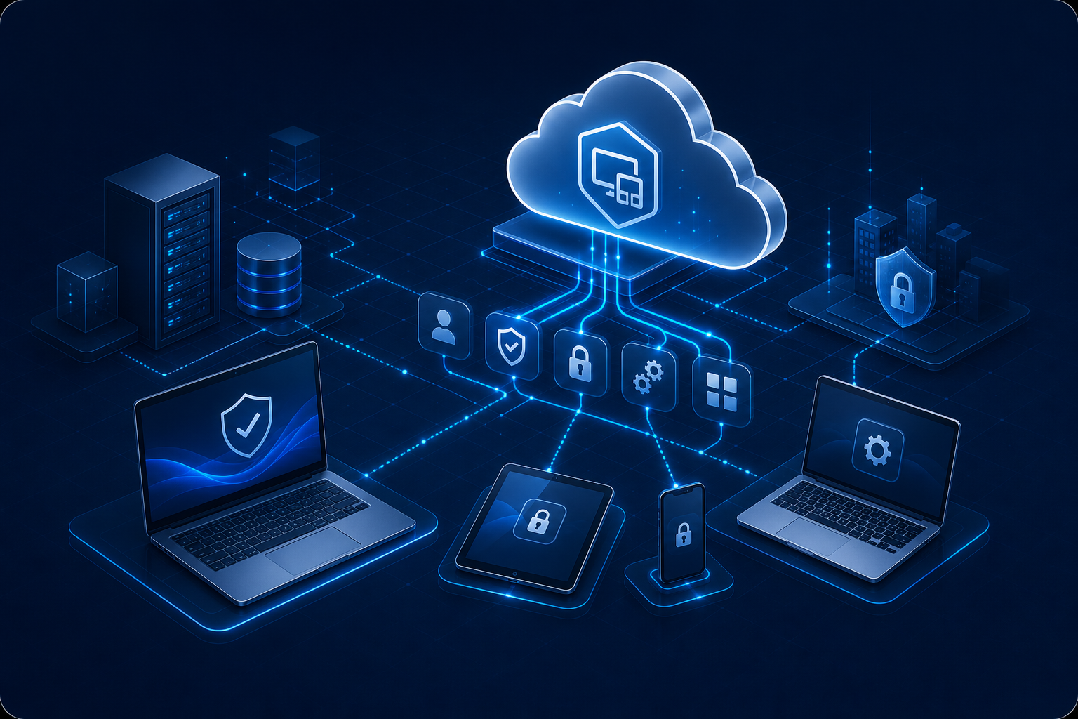 Notebook, Tablet und Smartphone sind über Microsoft Intune mit einer Cloud-Plattform verbunden